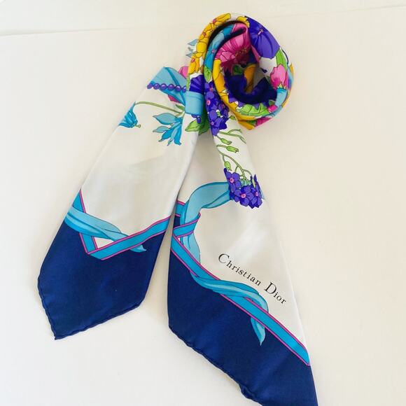 DIOR Silk Scarf Floral Print 34" x 34" Blue White - Picture 12 of 14